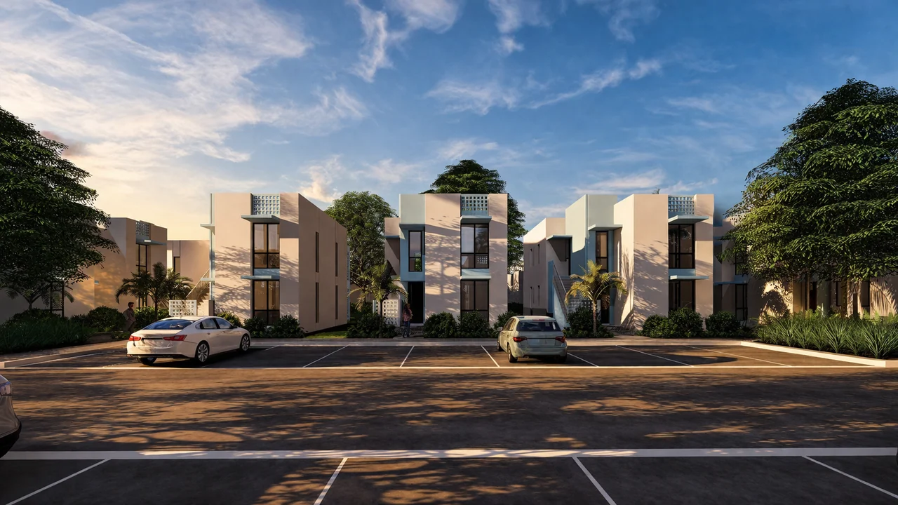 Westline design rendering: street-facing residential buildings and planted arrival area